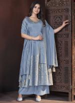 Roman Silk Blue Festival Wear Foil Print Readymade Anarkali Suit